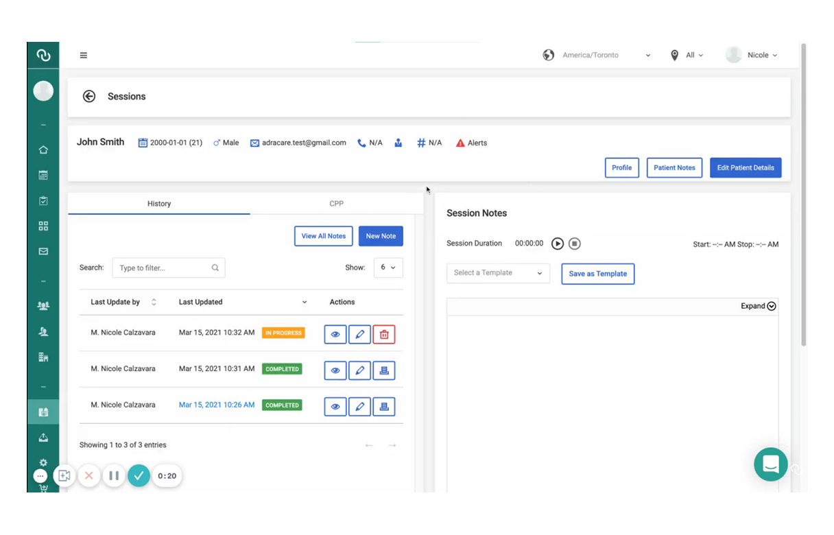 The patient session review panel, with patient notes, details and ability to join calls.